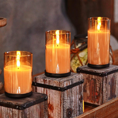 Homemory Green Glass Flameless Candles, Battery Operated LED Pillar Candles with Remote Control and Timer, Radiance Candles, Real Wax, Set of 3,D3 xH4 5" 6"