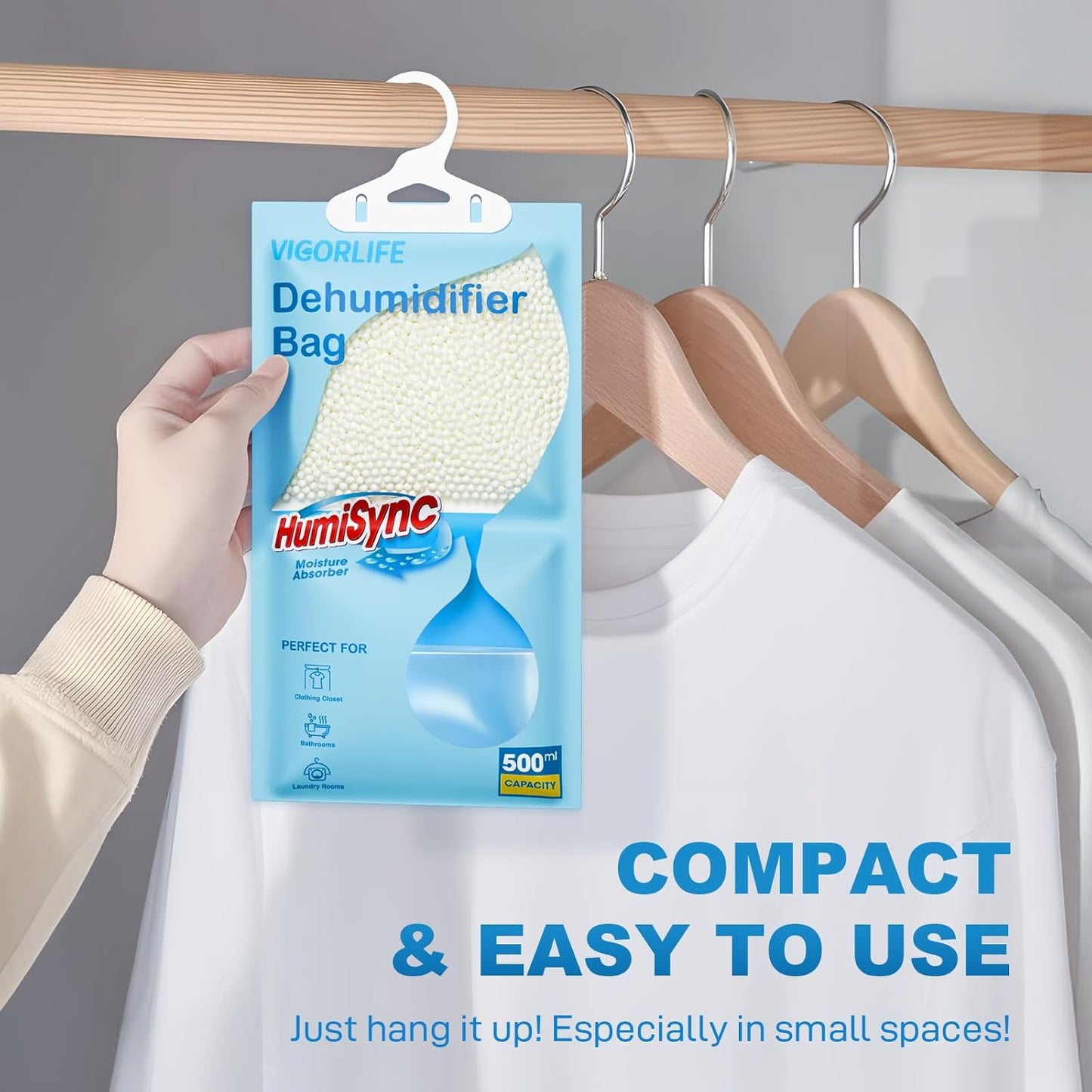 Moisture Absorbers, Hanging Closet Dehumidifier Bags 9.8 OZ, Portable Dehumidifiers for Wardrobes, Bathrooms & Bedrooms, Humidity Packs Attract Excess Moisture, Desiccant 5 Pack (Blue)