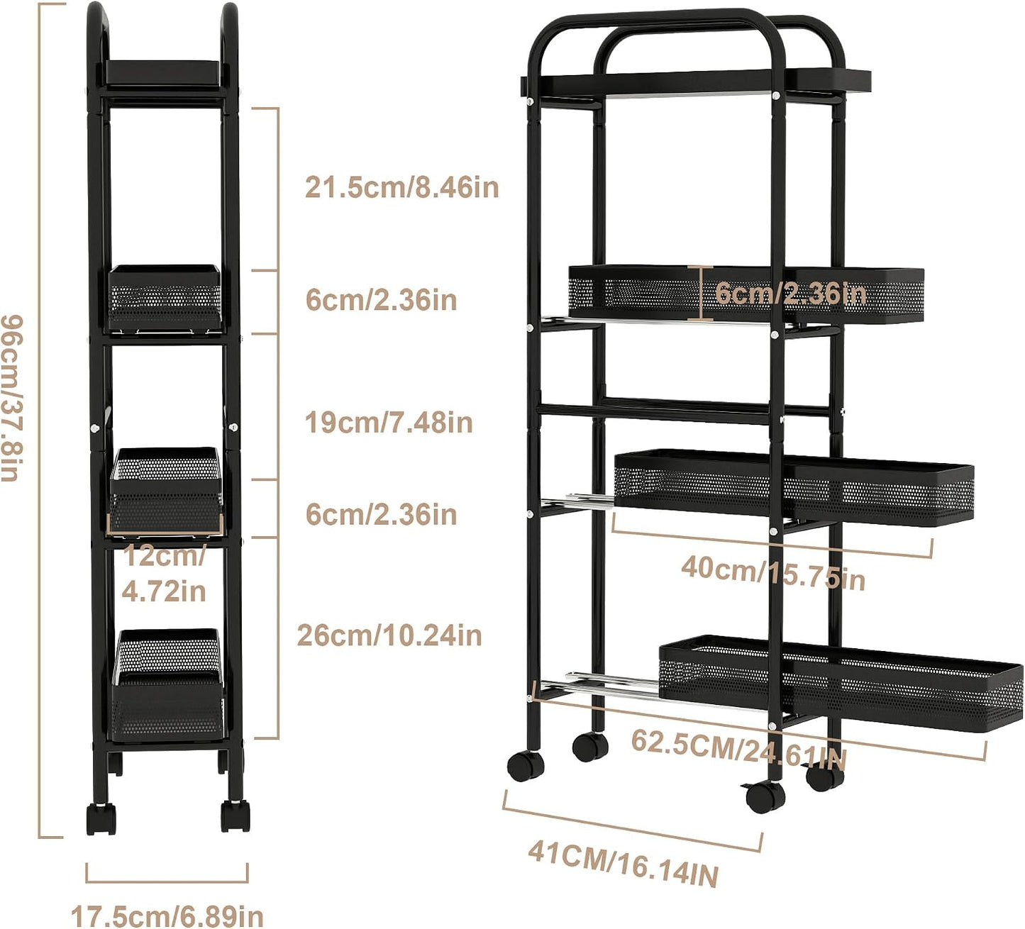 UMDONX Slim Storage Cart 5 Tier with Pull Out Basket Bathroom Organizer Rolling cart, Rolling Utility Cart Slide Out Organizer for Kitchen, Bathroom, Laundry Black