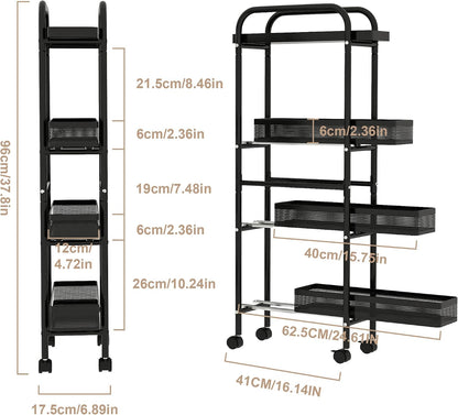UMDONX Slim Storage Cart 5 Tier with Pull Out Basket Bathroom Organizer Rolling cart, Rolling Utility Cart Slide Out Organizer for Kitchen, Bathroom, Laundry Black