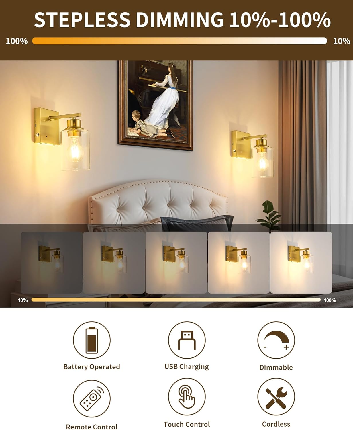 Battery Operated Wall Sconce Set of 2, Black Rechargeable Wall Lights with Timer Function, Easy Install Dimmable Wireless Wall Lamps Sconces Wall Decor for Living Room Bedroom Hallway, Emergency 3000K