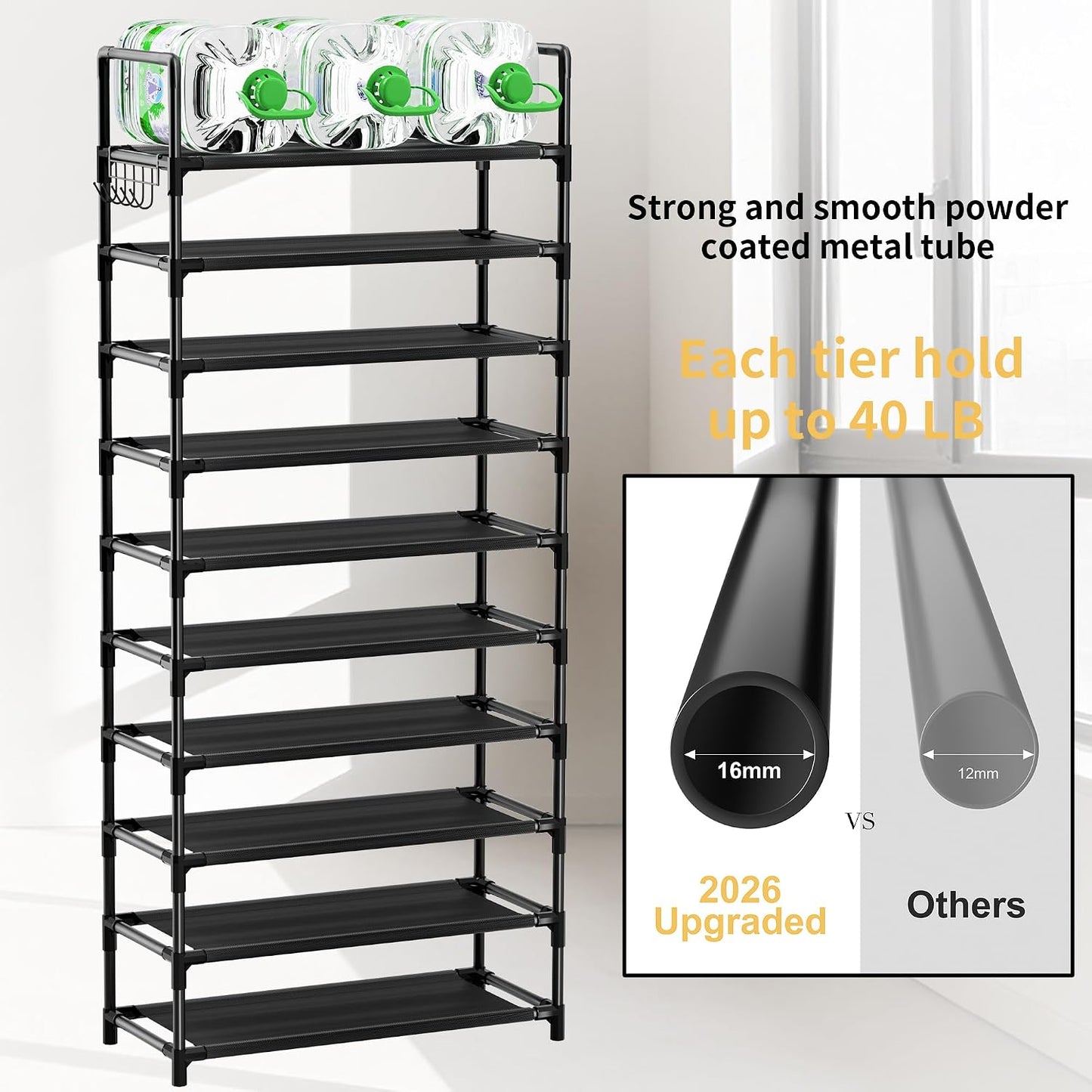 Shoe Rack, 10 Tier Shoe Storage Organizer with Hooks,Fit 40-45 Pairs Shoes,Metal Tall Shoe Shelf for Closet,Entryway, Hallway,Garage,Bedroom,Cloakroom