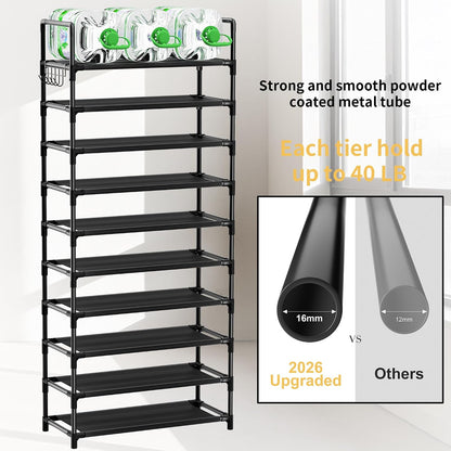 Shoe Rack, 10 Tier Shoe Storage Organizer with Hooks,Fit 40-45 Pairs Shoes,Metal Tall Shoe Shelf for Closet,Entryway, Hallway,Garage,Bedroom,Cloakroom