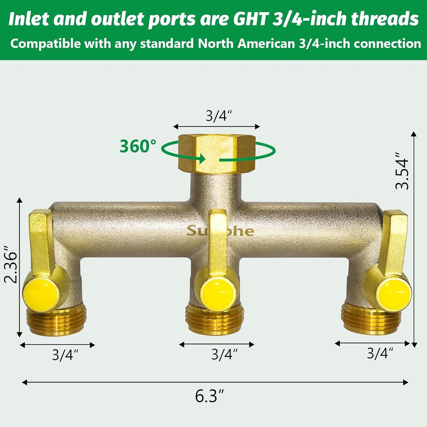 Garden Hose Splitter, Water Hose Splitter 2 Way Heavy Duty Brass Nickel Plated, Extended Metal Handle 3/4-Inch Hose Manifold, Rust and Freeze Resistant High Flow Outdoor Faucet Splitter