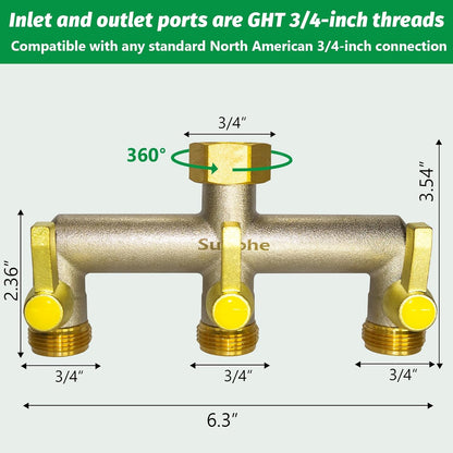 Garden Hose Splitter, Water Hose Splitter 2 Way Heavy Duty Brass Nickel Plated, Extended Metal Handle 3/4-Inch Hose Manifold, Rust and Freeze Resistant High Flow Outdoor Faucet Splitter