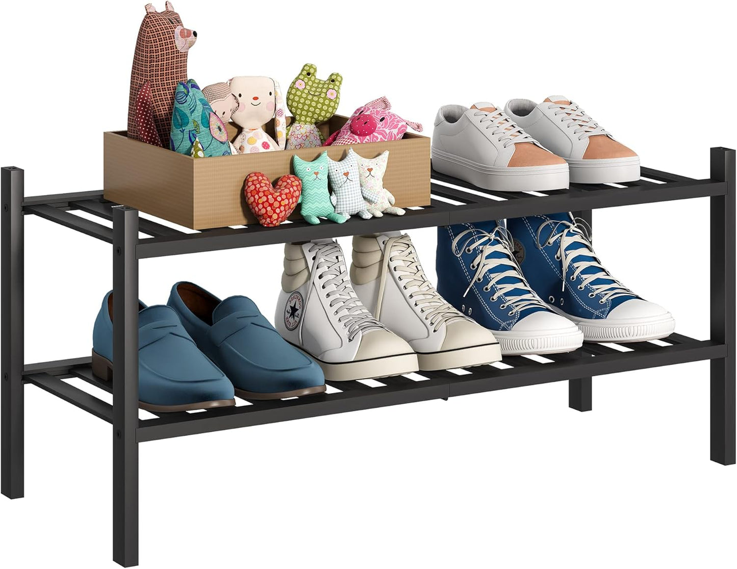 BMOSU 2-Tier Bamboo Small Shoe Rack Premium Stackable Shoe Shelf Storage Organizer for Hallway Closet Living Room Entryway Organizer (Black Bamboo)