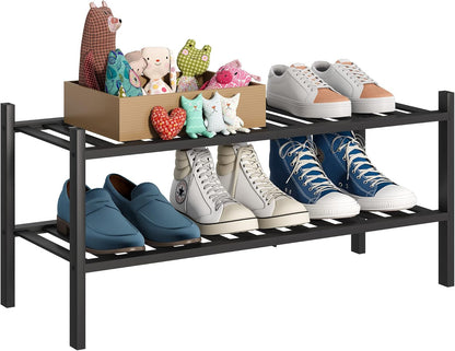 BMOSU 2-Tier Bamboo Small Shoe Rack Premium Stackable Shoe Shelf Storage Organizer for Hallway Closet Living Room Entryway Organizer (Black Bamboo)