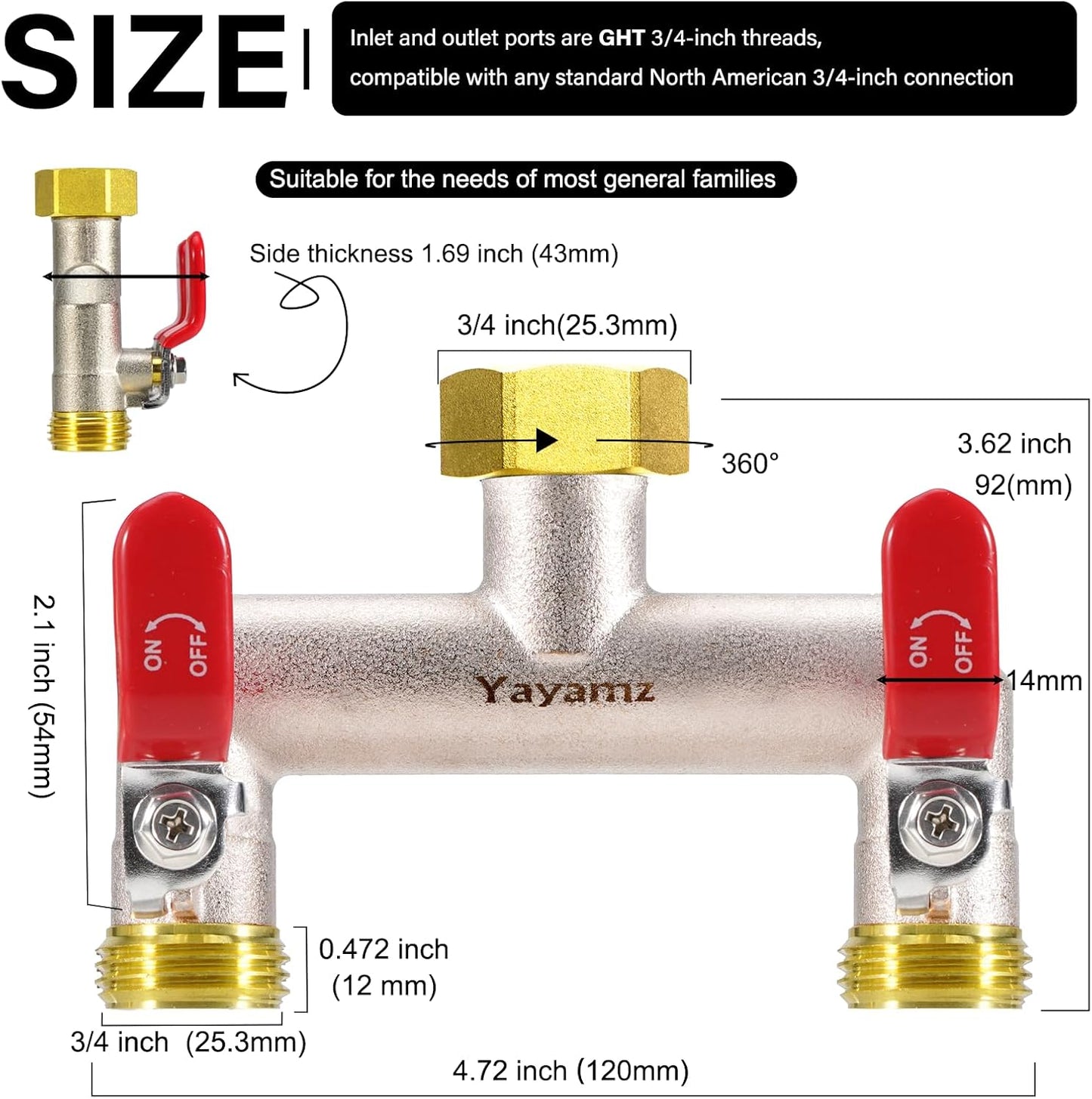 Garden Hose Splitter, 3/4” Rust and Freeze Resistant Outdoor Hose Manifold with 2 Red Extra Long Handles Faucet Adapter-Heavy Duty Brass Nickel Plated 2-Way Valve