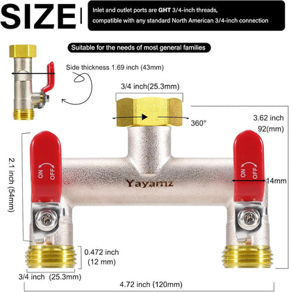 Garden Hose Splitter, 3/4” Rust and Freeze Resistant Outdoor Hose Manifold with 2 Red Extra Long Handles Faucet Adapter-Heavy Duty Brass Nickel Plated 2-Way Valve