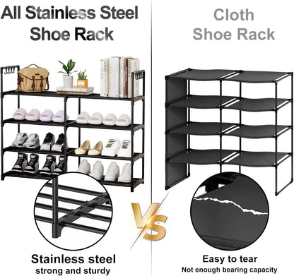 3 Row 4 Tier Long Shoe Rack, Black Metal Stackable Shoe Shelf with Multifunctional Hooks, Shoe Storage Hold 24-30 Pairs, Space Saving Shoe Organizer for Closet,Wide Shoe Rack