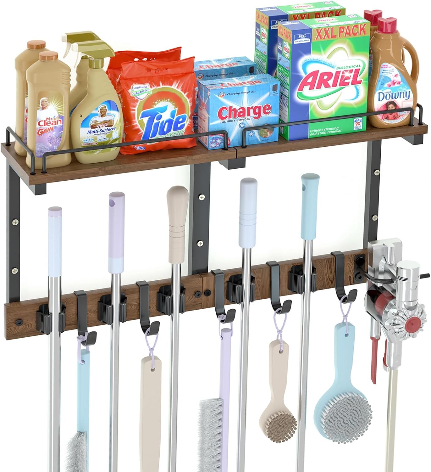 Mop Holder Wall Mount with Cleaning Supplies Organizer, Wood Mop and Broom Hanger Rack Organizer with Anti-Fall Wall Shelf with 5 Clips & Hooks for Garage Laundry Room Kitchen (Brown)