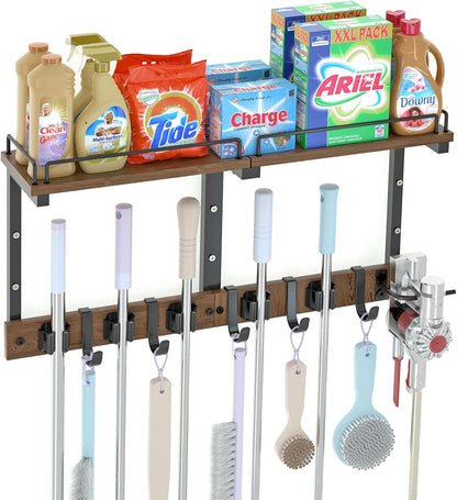 Mop Holder Wall Mount with Cleaning Supplies Organizer, Wood Mop and Broom Hanger Rack Organizer with Anti-Fall Wall Shelf with 5 Clips & Hooks for Garage Laundry Room Kitchen (Brown)