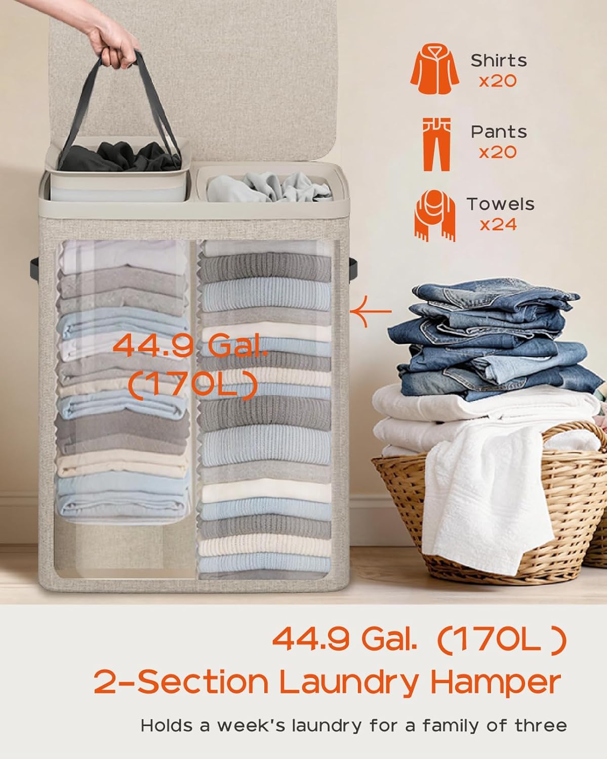 CASAMAYA Laundry Basket with Lid, Laundry Hamper 3 Section, 190L collapsible Laundry Organizer, Easy Assembly, with Handles and Removable Liners, 25.2 x 15.7 x 29.5 Inches, Beige JSP904M