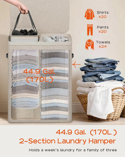 CASAMAYA Laundry Basket with Lid, Laundry Hamper 3 Section, 190L collapsible Laundry Organizer, Easy Assembly, with Handles and Removable Liners, 25.2 x 15.7 x 29.5 Inches, Beige JSP904M
