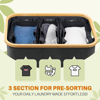 160L Laundry Hamper with Lid, 3 Section Laundry Basket with 3 Removable Bag | Clothes Hampers for Laundry with Bamboo Frame Handle, Large Dirty Clothes Hamper for Laundry Room, Bathroom, Bedroom, Black