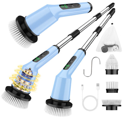 Shower Scrubber with Long Handle, Shower Cleaner Brush with 8 Floor Machine Pads, Cordless Electric Spin Scrubber for Cleaning with 2 Speed, Cleaning Supplies for Bathroom Bathtub Kitchen Floor Tile