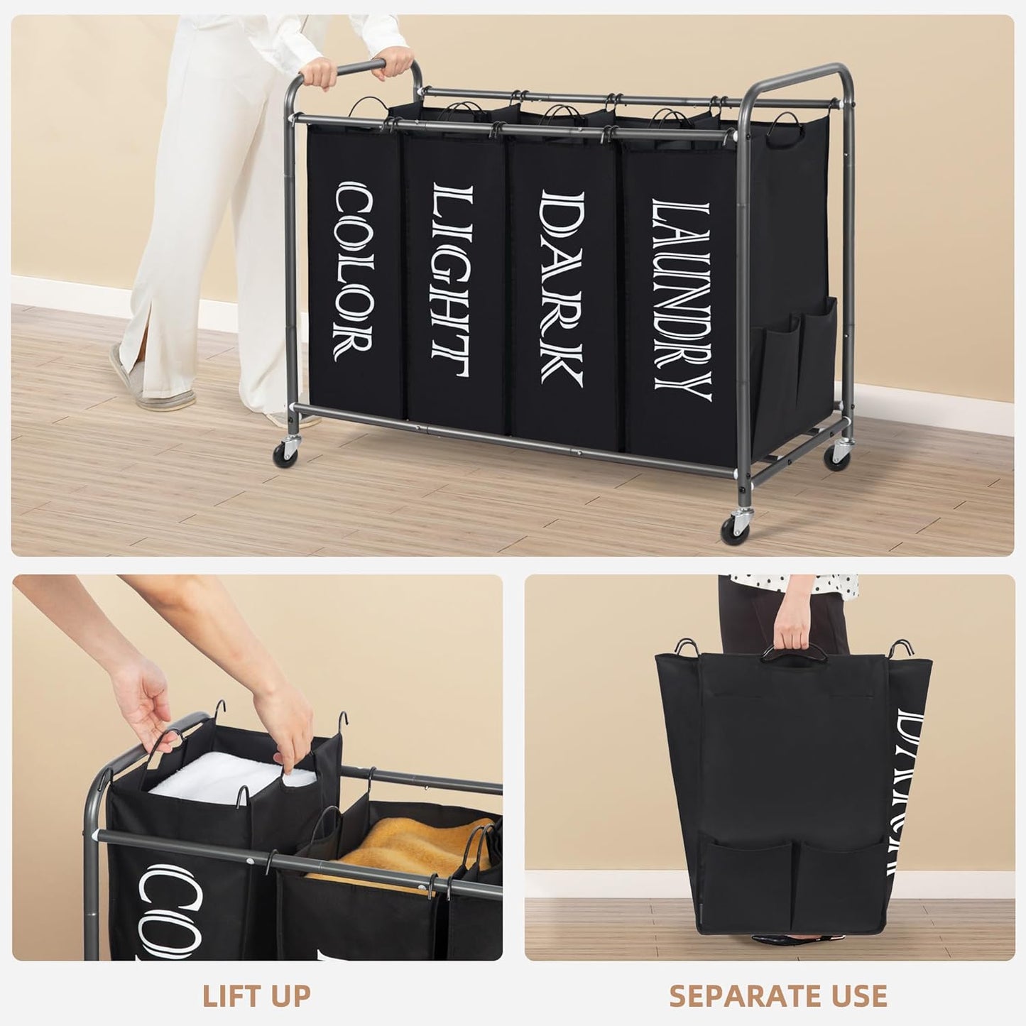 STORAGE MANIAC 3 Section Laundry Sorter, 35.6 Gal (135 L) Laundry Hamper Cart with Heavy Duty Rolling Lockable Wheels and Removable Bags, Clothes Organizer Basket Separator Hamper, Gray