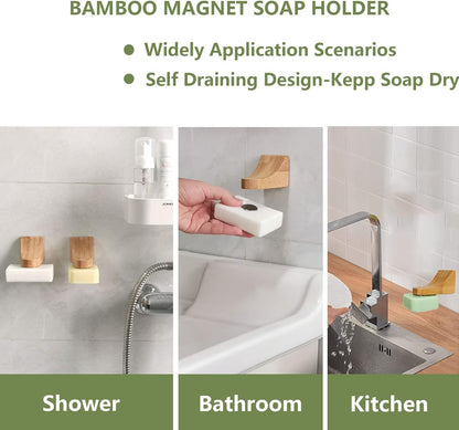2sets Wood Magnetic Bar Soap Holder for Shower Wall,Magnet Air Dry Soap Saver Self Draining, Eco-Friendly Wooden Soap Dish for Soaps & Beard Shampoo Bars
