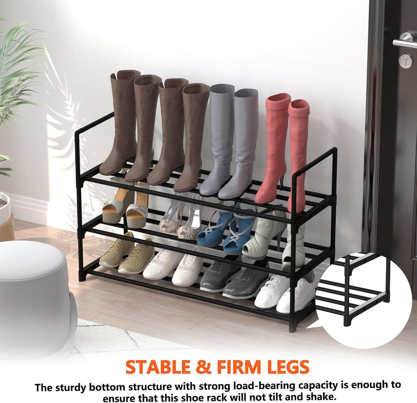 Hsscblet 5 Tiers Metal Shoe Rack,Adjustable Shoe Shelf Storage Organizer with Hooks,Stackable Boot & Shoe Storage,for Entryway,Hallway,Closet,Black