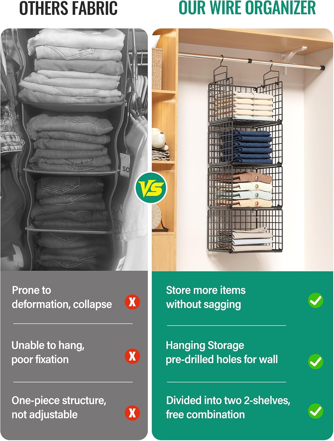 Hanging Closet Organizer, 4 Tier Metal Closet Organizers and Storage with 4 Hanging Hooks 4 S-Hooks for Wardrobe Laundry Room, Wire Storage Shelf for Clothes Sweaters Pants (White)