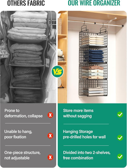 Hanging Closet Organizer, 4 Tier Metal Closet Organizers and Storage with 4 Hanging Hooks 4 S-Hooks for Wardrobe Laundry Room, Wire Storage Shelf for Clothes Sweaters Pants (White)