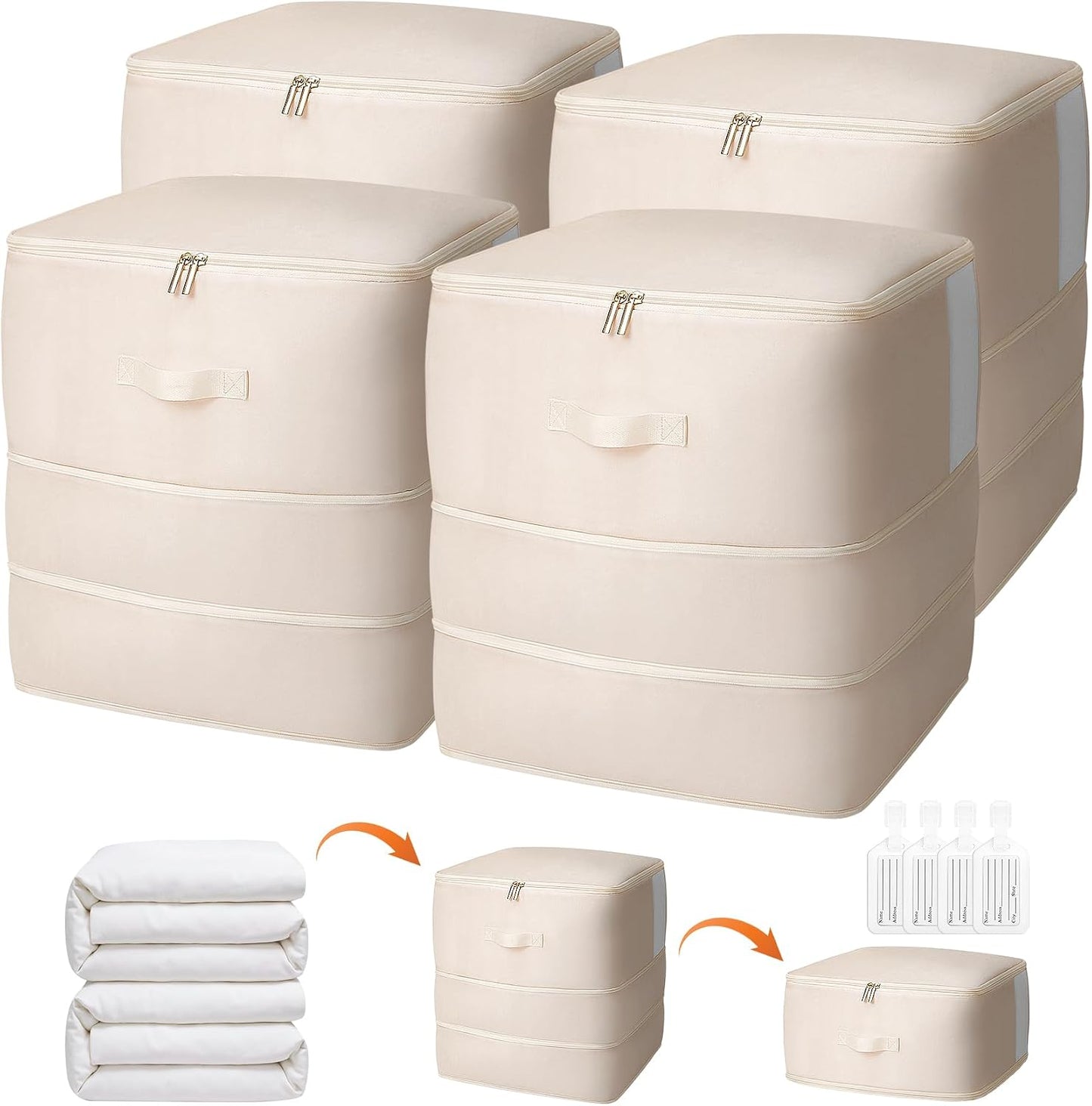 4 Pack Comforter Storage Bag, 68L Blanket Storage Bags Self Compression Comforter Organizer and Storages, Space Saving Washable Compression Bags for Blanket Bedding Pillow Duvet Quilt, Beige