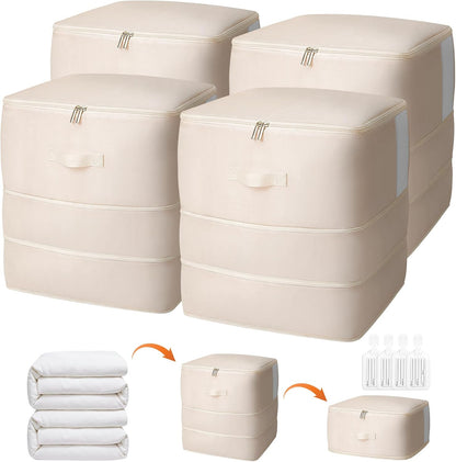 4 Pack Comforter Storage Bag, 68L Blanket Storage Bags Self Compression Comforter Organizer and Storages, Space Saving Washable Compression Bags for Blanket Bedding Pillow Duvet Quilt, Beige