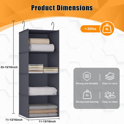 Hanging Closet Organizer 3-Shelf, Oxford Fabric Wardrobe Storage, Gray | Easy-mount foldable design holds clothes, handbags, shoes & accessories; washable Oxford fabric, sturdy and space-saving.