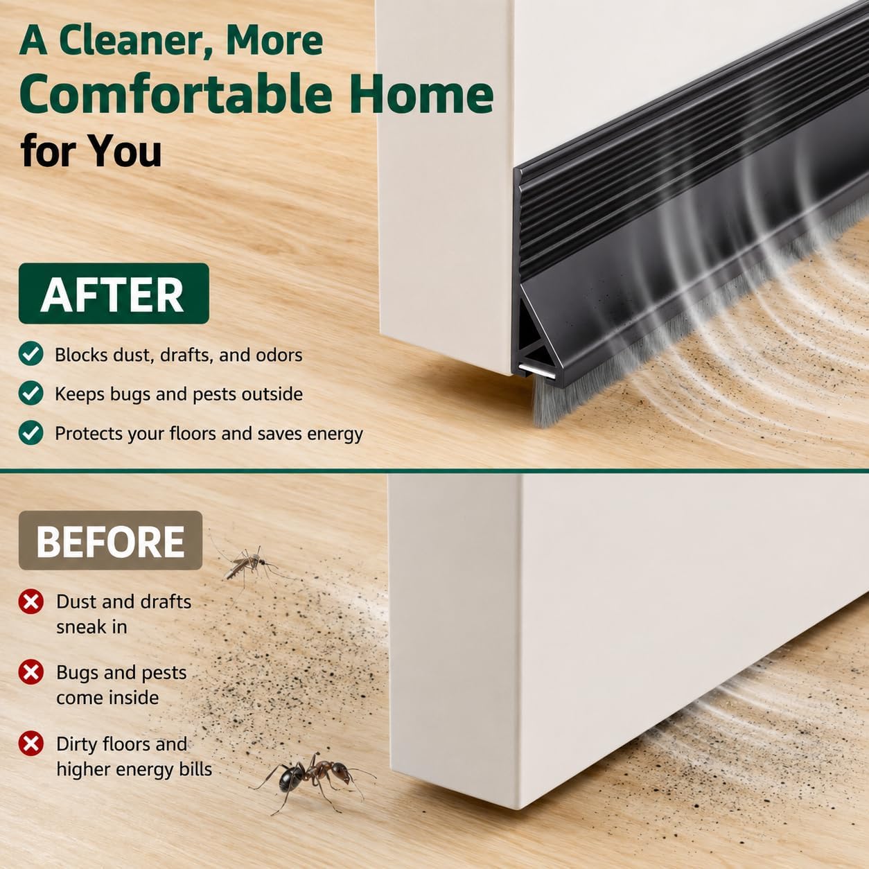 Door Draft Stopper with Brush, 39" Door Sweep for Bottom of Door, Self Adhesive Weather Stripping for Bottom of Door, Under Door Seal Dust/Noise/Hot or Cold Air Insulation, Black, 1 Pack