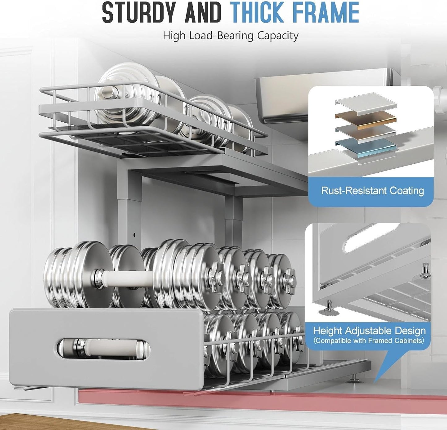 Under Sink Organizer Upgrade To Professional Rails,2-Tier Dual Pull Out Cabinet Storage,Height Adjustable Slide Out Drawers For Bathroom Kitchen,2 Pack-14.5" Dx12.8-16.9" H,White