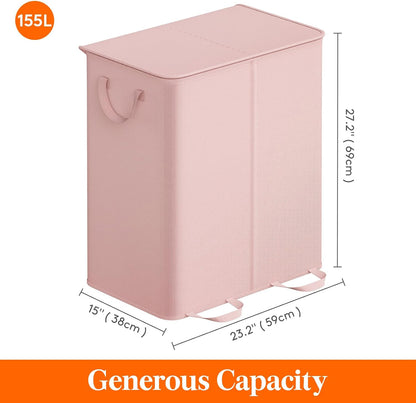 Lifewit Double Laundry Hamper with Lid and Removable Laundry Bags, Large Collapsible 2 Dividers Dirty Clothes Basket with Handles for Bedroom Laundry Room Closet Bathroom College, 136L Beige
