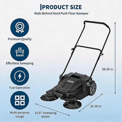 Walk-Behind Outdoor Hand Push Floor Sweeper, 25.6 Inch Wide Manual Non-Electric Sweeper with 5.25 Gallon Waste Bin, Adjustable Folding Handle Heavy Duty Yard Sweeper for Garage Patio Walkway Driveway