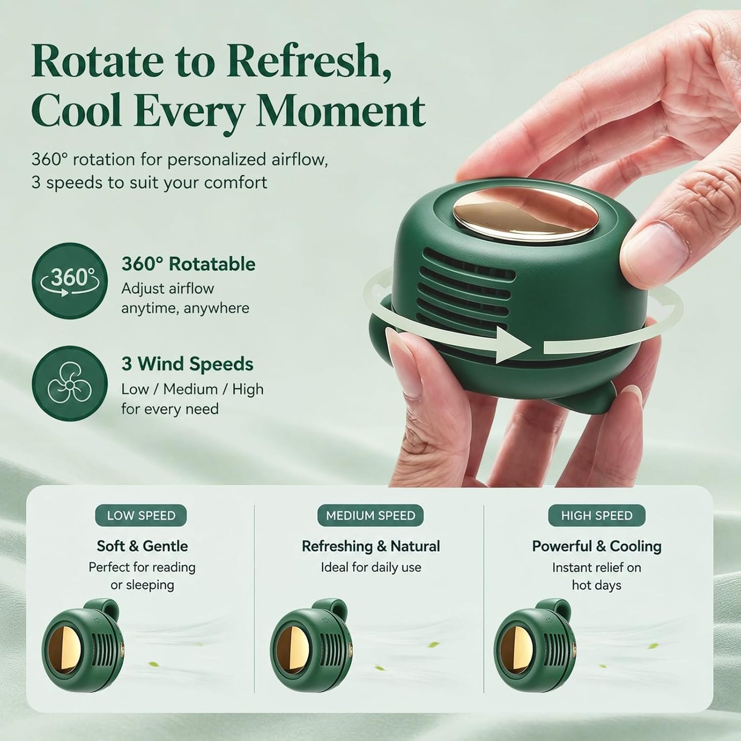 Portable Clip-On Fan, Mini Bladeless Waist Fan, 5100RPM 25dB Ultra-Quiet 3-Speed Rechargeable Small Whirlwind Fan, Hands-Free Personal Cooling for Outdoor Travel Office Camping with USB-C