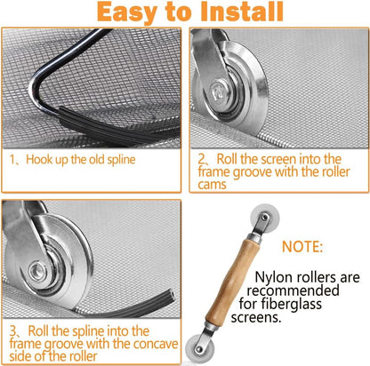 Screen Repair kit, Screen Roller Tool, Steel Roller with Bear+32ft Screen Spline+Removal Hook, 3 in 1 Window Screen Door Repair Kit,for Installing Door Window Mesh