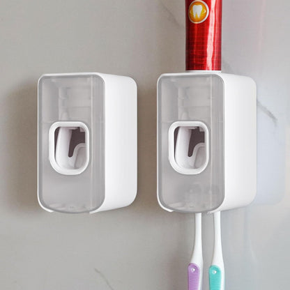 2 Slot Toothbrush Holder and Toothpaste Dispenser Wall Mounted, Automatic Toothpaste Squeezer, 2 in 1 Tooth Brush Toothpaste Organizer for Shower (Grey)