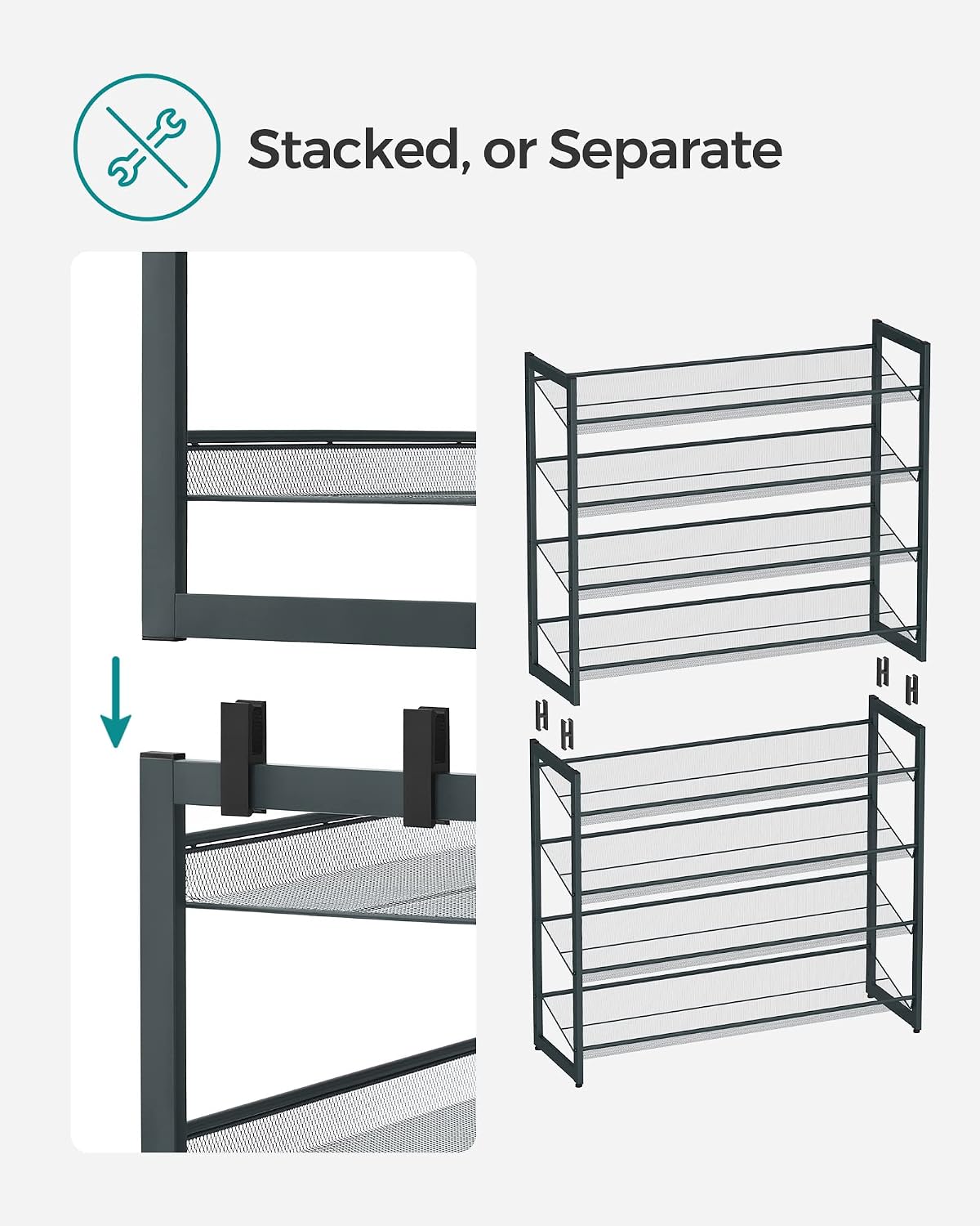 SONGMICS Shoe Rack, 12-Tier Shoe Organizer, Metal Shoe Storage for Garage, Entryway, Set of 2 6-Tier Stackable Shoe Shelf, with Adjustable Flat or Angled Shelves, Holds 48-60 Pairs, Black ULMR12B