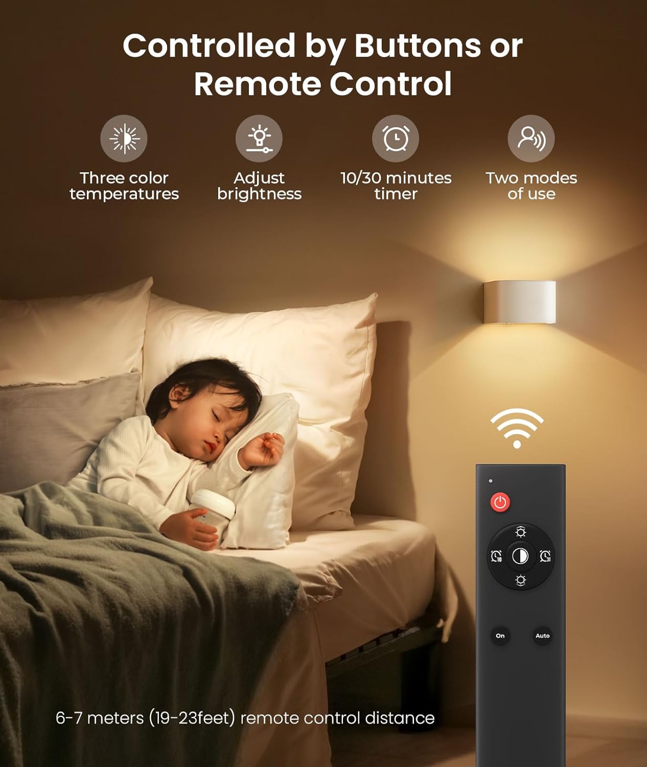 FULEN Motion Sensor Wall Light with Remote Control 3 Colors Wireless Wall Lamp LED Indoor Up and Down Wall Sconce 5000mAh Rechargeable Battery Powered Wall Lamps Brightness Adjustable, 2 Pack