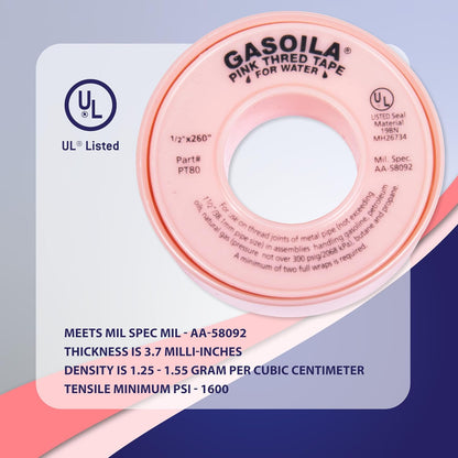 Gasoila Pink PTFE Thread Seal Tape – Professional-Grade High-Density Thread Tape for Water Lines – Leak-Proof Seal, Non-Toxic (1/2 Inch x 260 Inch Roll)