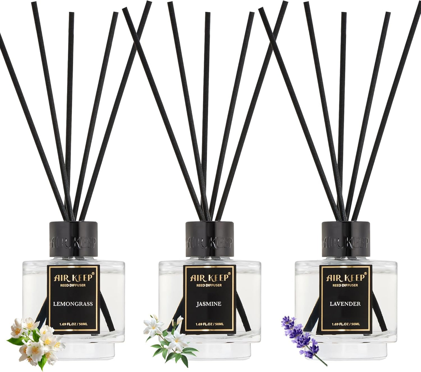 Airkeep Reed Diffuser Set of 3 for Bathroom Air Fresheners, Oil Diffuser Sticks | Cedar Wood,White Pine Moroccan Amber Scent Diffuser(1.7 fl oz*3) Fragrance with 18 Sticks Defusers | Shelf Decor