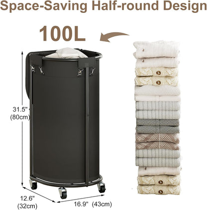 200L Double Laundry Hamper with Lid and Wheels, Large Oval Rolling Laundry Basket 2 section, Sturdy Metal Laundry Cart with 2 Removable Bags, Dirty Clothes Organizer for Home, Dorm, Black