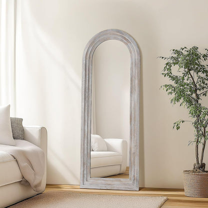 MELOMOIR Arched Full Length Mirror with Solid Wood Frame, 56"x21" Rustic Farmhouse Floor Mirror with Stand, Free Standing Leaning Hanging, for Bedroom Living Room Dressing Room Entryway, Brown