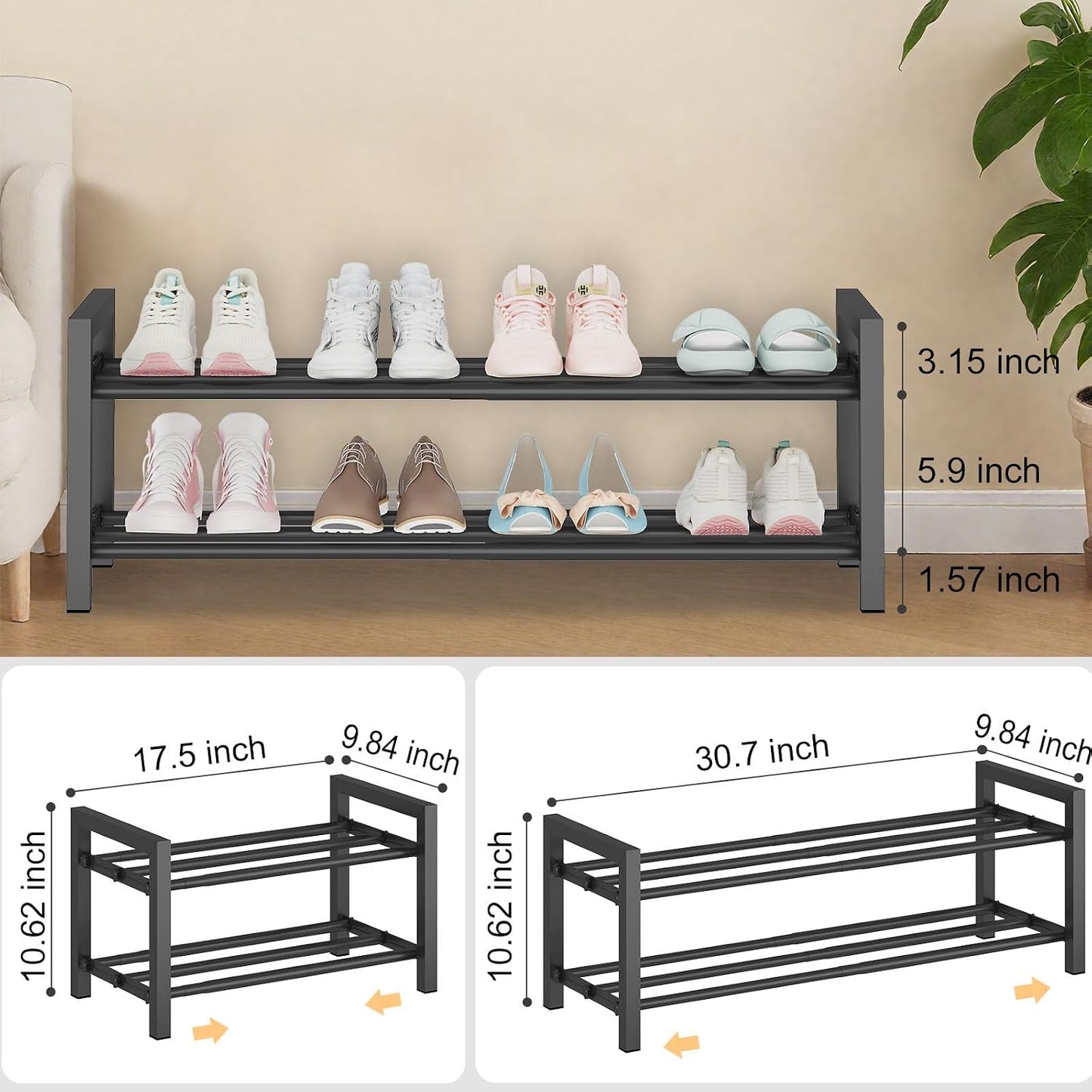 Detsuk 4-Tier Expandable Shoe Rack – Adjustable Metal Shoe Organizer for Closet, Entryway & Mudroom – Stackable, Heavy-Duty Storage, Black