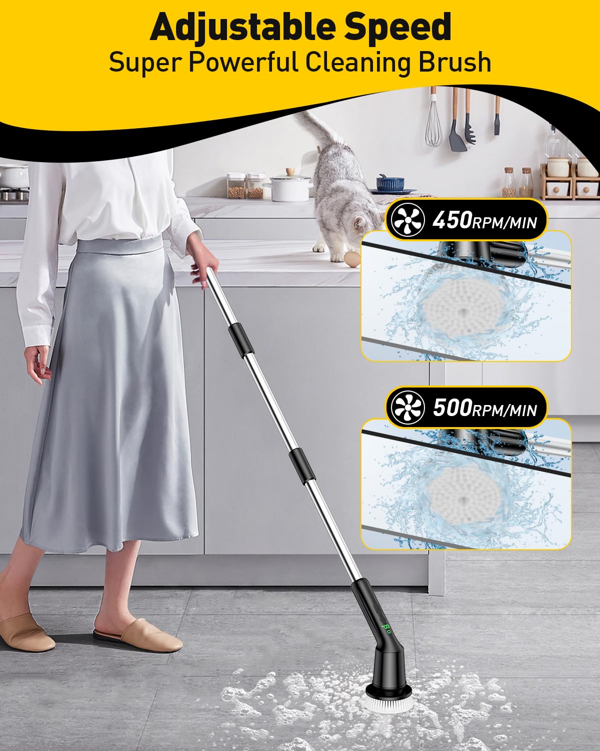 Shower Scrubber with Long Handle, Shower Cleaner Brush with 8 Floor Machine Pads, Cordless Electric Spin Scrubber for Cleaning with 2 Speed, Cleaning Supplies for Bathroom Bathtub Kitchen Floor Tile