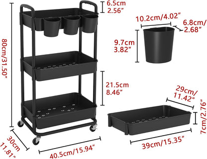JIUYOTREE 4-Tier Plastic Rolling Storage Cart Utility Cart with Extra Hanging Cups Handles Lockable Wheels for Living Room Bathroom Kitchen Office White
