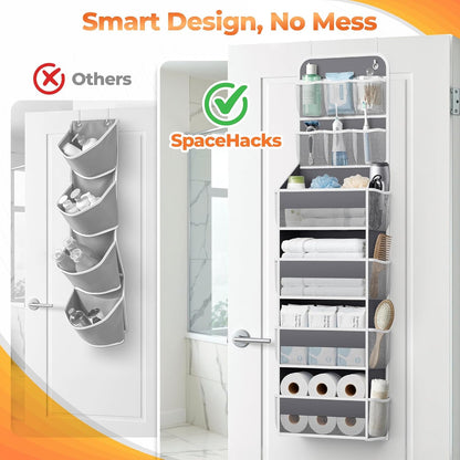 SpaceHacks 5-Tier Over the Door Organizer with Mesh Pockets, Baby Nursery Storage for Closet, Bathroom and Bedroom, Adjustable Hanging Closet Organizer for Cosmetics, Books and Essentials (Dark Grey)