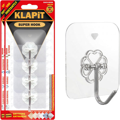 KLAPiT Super Hook - Heavy-Duty Adhesive Clear Wall Hooks Made of Stainless Steel, Holds up to 11 lbs, Waterproof, No Damage, Easy Install on Tile, Wood, Stone, Glass & Metal (Clear, 8pc)