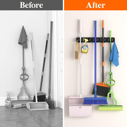 Lifewit Mop and Broom Holder Wall Mount, Anti-Slip Broom Hanger for Cleaning Supplies Organizer, Easy Install Tool Hanging Rack for Closet, Kitchen, Garage, 5 Slot 6 Hooks, Hold 30lbs, Black, 1 Pack