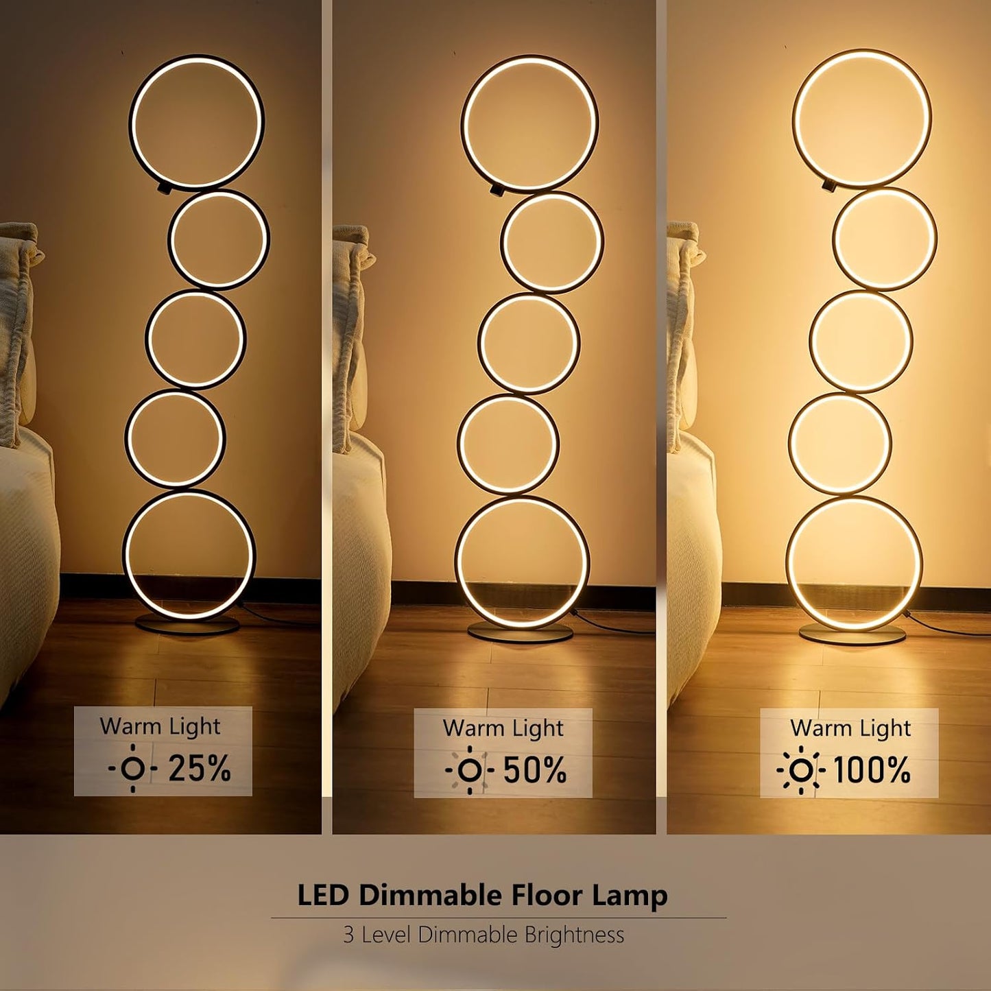 NUÜR Modern 5-Ring LED Floor Lamp, 43.3" Artistic Nesting Circle Standing Lamp, Stepless Dimmable Sculptural Accent Light for Living Room, Bedroom & Office, Minimalist Geometric Decor