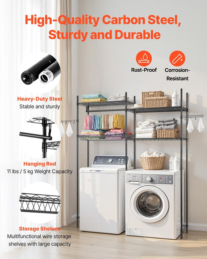 VEVOR Over The Washer and Dryer Storage Shelf, 3 Tier Laundry Room Drying Rack with Hanger Rod and Hooks, Adjustable Over Washer and Dryer Shelves, Laundry Room Shelf Storage Space Saver, Black