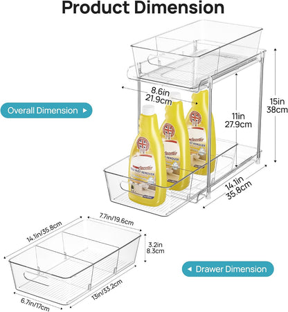Vtopmart 2 Tier Bathroom Storage Organizer, 2 Pack Clear Under Sink Organizers Vanity Counter Container, Cabinet Drawers Bins, Pull-Out Organization with Track for Pantry, Kitchen